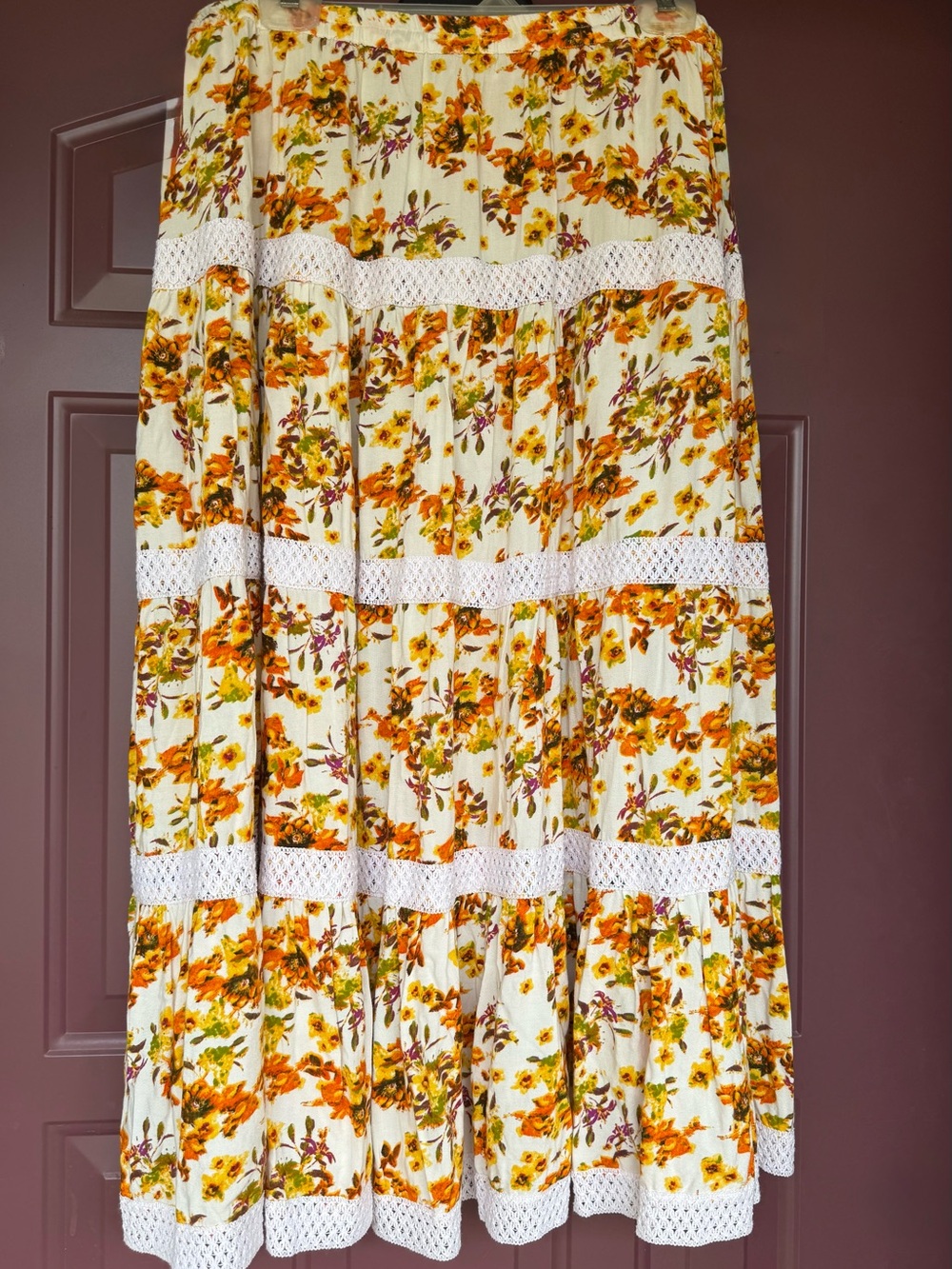 Floral Tiered Maxi Skirt in Cream & Orange w/lace details